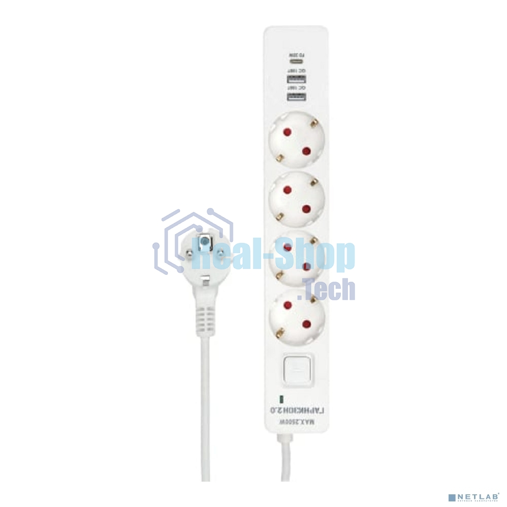 Сетевой фильтр Гарнизон EPS-OP-4-CU2-W-2 2.0 Мультипорт 4 р, 10А, 1xType-C PD, 2 х USB QC, 4 м, ур.защиты 4+, белый, пак (21449)