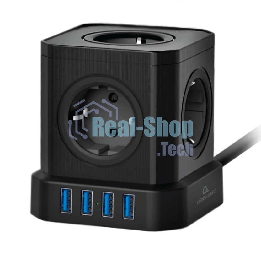 Сетевой фильтр Cablexpert Tower, TWR-5-U4-B-2, 5 р, 10А, 4хUSB, 3.1А, 2 м, ур.защиты 4+, черный, коробка