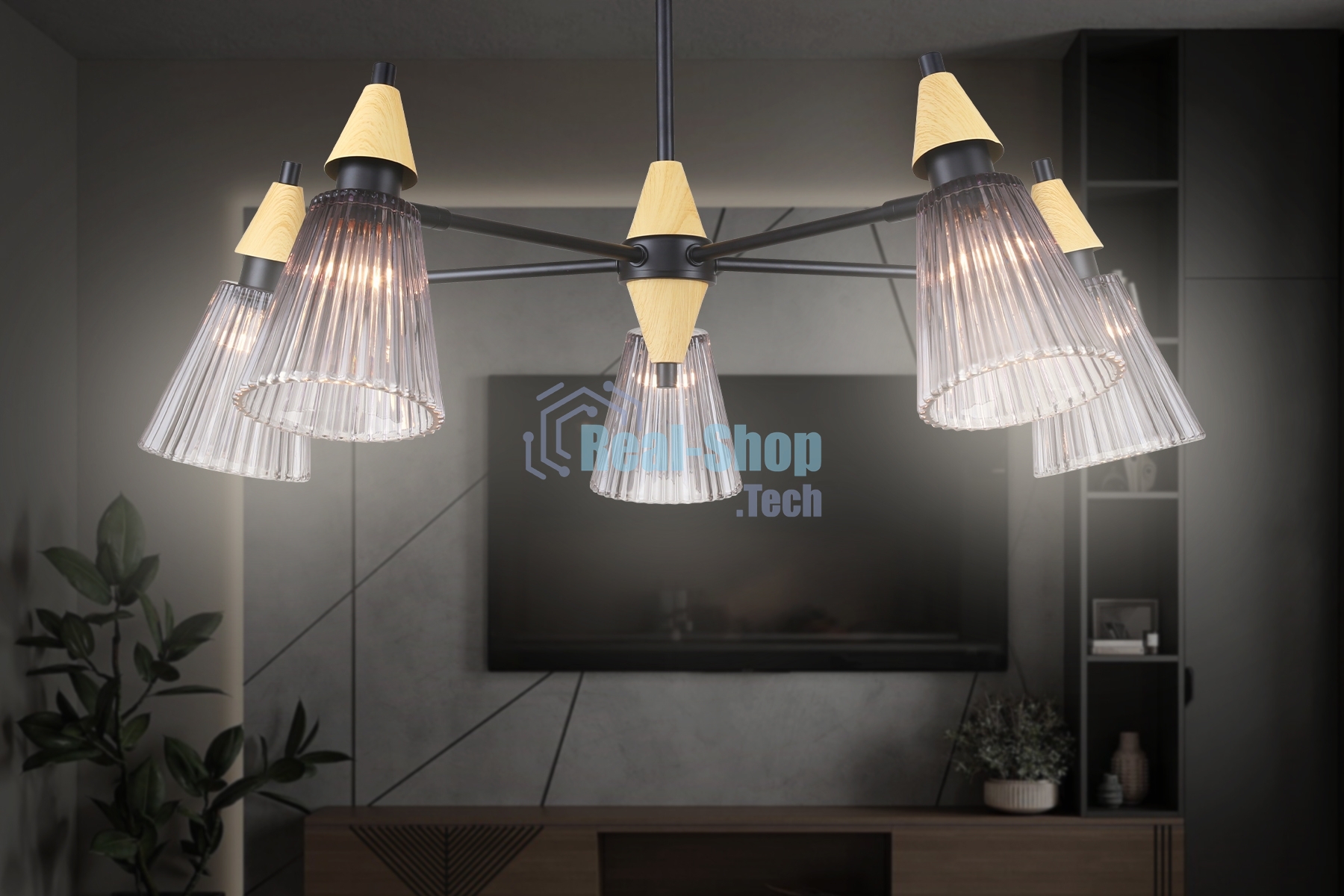 Люстра Ambrella light LH58114/5 BK/LW/SM черный/светлое дерево/дымчатый E14*5 max 40W D660*390