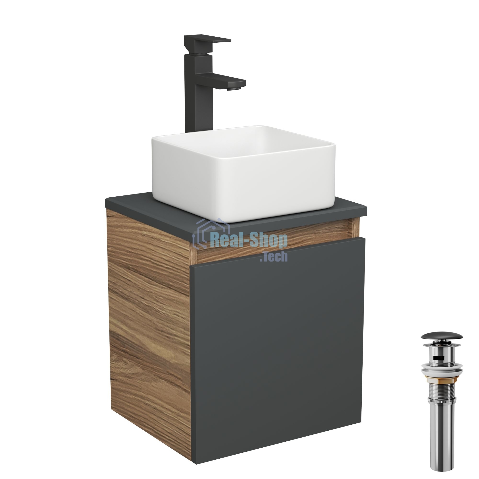 Тумба Bau Dream Blackwood 35 с ящиком, графит, раковина BAU Mini 24х24, смеситель для раковины высокий Hotel Black, черный, выпуск клик клак, черный