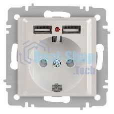 Розетка Intro Accent 6-410-06 , P+E Schuko со шторками, 16А-250В + 2хUSB, IP20, СУ, перламутр | Б0063700 | Intro