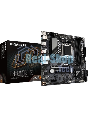 Материнская плата GIGABYTE B650M K, AM5, AMD B650, 4xDDR5, 4xSATA, 2xM.2, 1xPCIe 4.0 x16, 1xPCIe x1, 1xHDMI, 1xDP, 1x2.5Gb LAN, 1xUSB 3.2 Gen 2, 2xUSB 3.2 Gen 1, 4xUSB 2.0, 3x3.5 мм, 7.1, micro-ATX