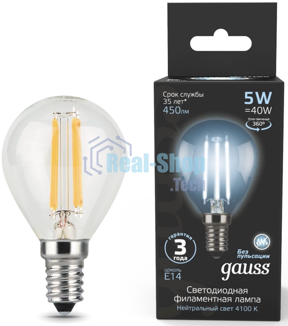 Лампа светодиодная Filament Шар E14 5Вт 4100К Gauss 105801205
