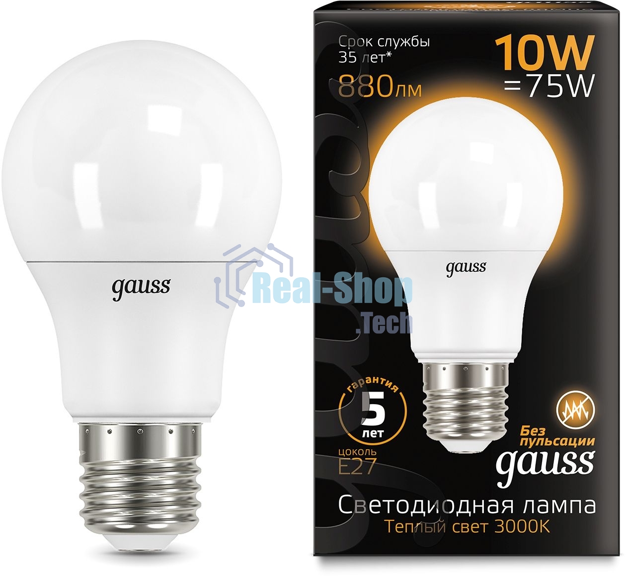 Лампа светодиодная Gauss A60 10Вт цок.: E27 шар 220B 3000K св. свеч. бел. теп. A60 (упак.: 10 шт)