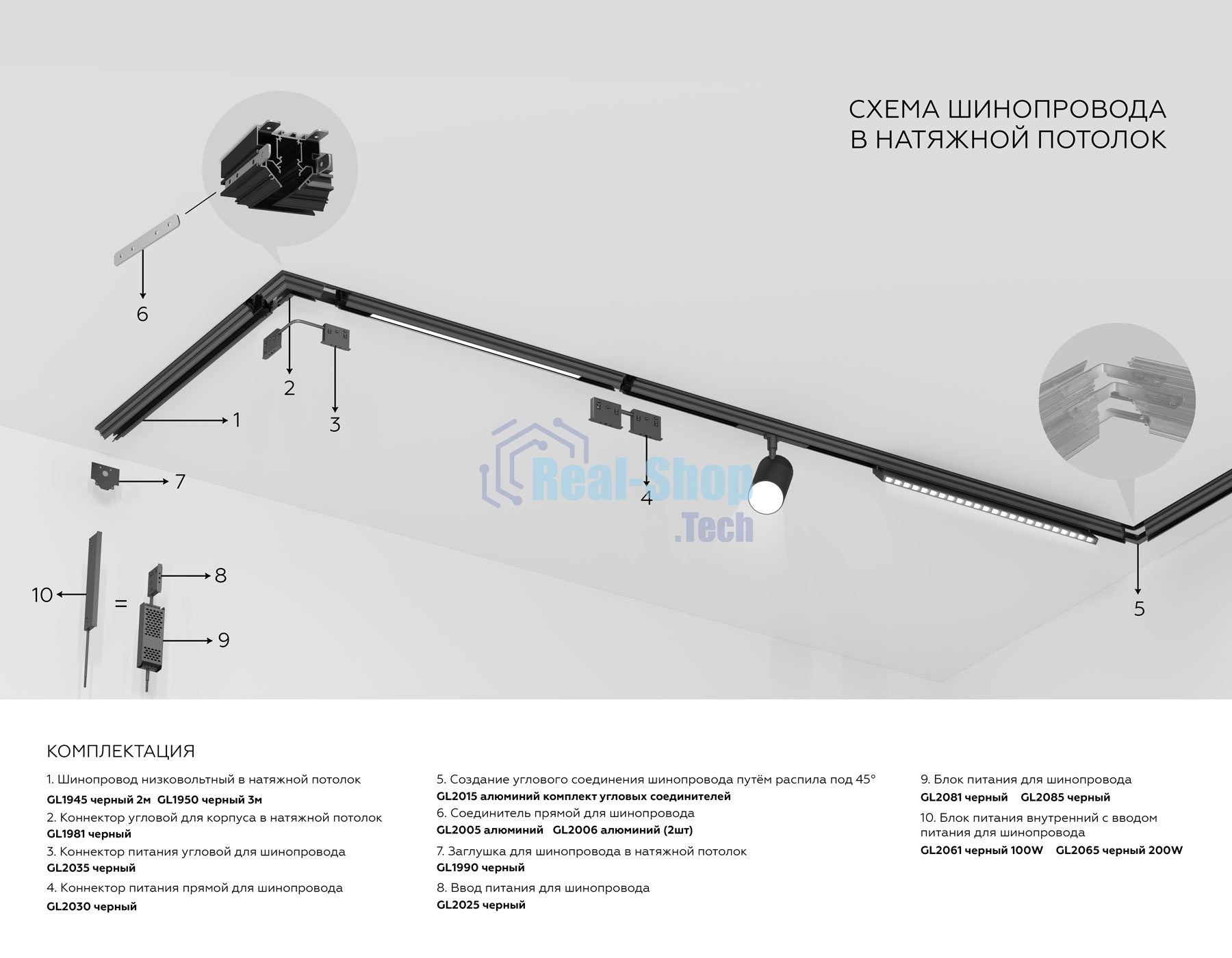 Шинопровод GL1945 BK черный IP20 48V 2000*50*43