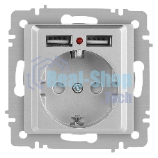 Розетка Intro Accent 6-410-03 , P+E Schuko со шторками, 16А-250В + 2хUSB, IP20, СУ, алюминий | Б0063694 | Intro