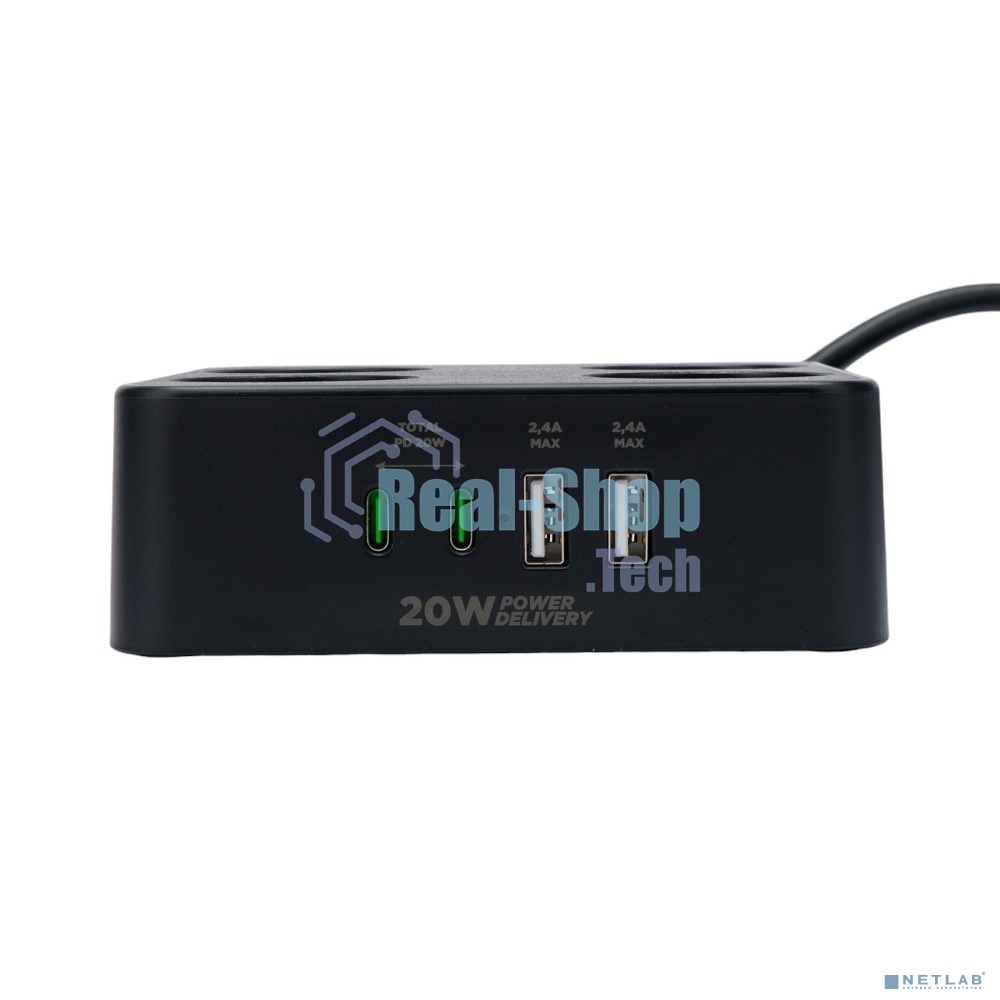 Сетевой фильтр Cablexpert Plate, PLT-4-C2U2-B-3, 4р, 10А, 2xType-C PD, 20Вт, 2xUSB, 2.4A, 3 м, ур. защиты 4+, черный, коробка