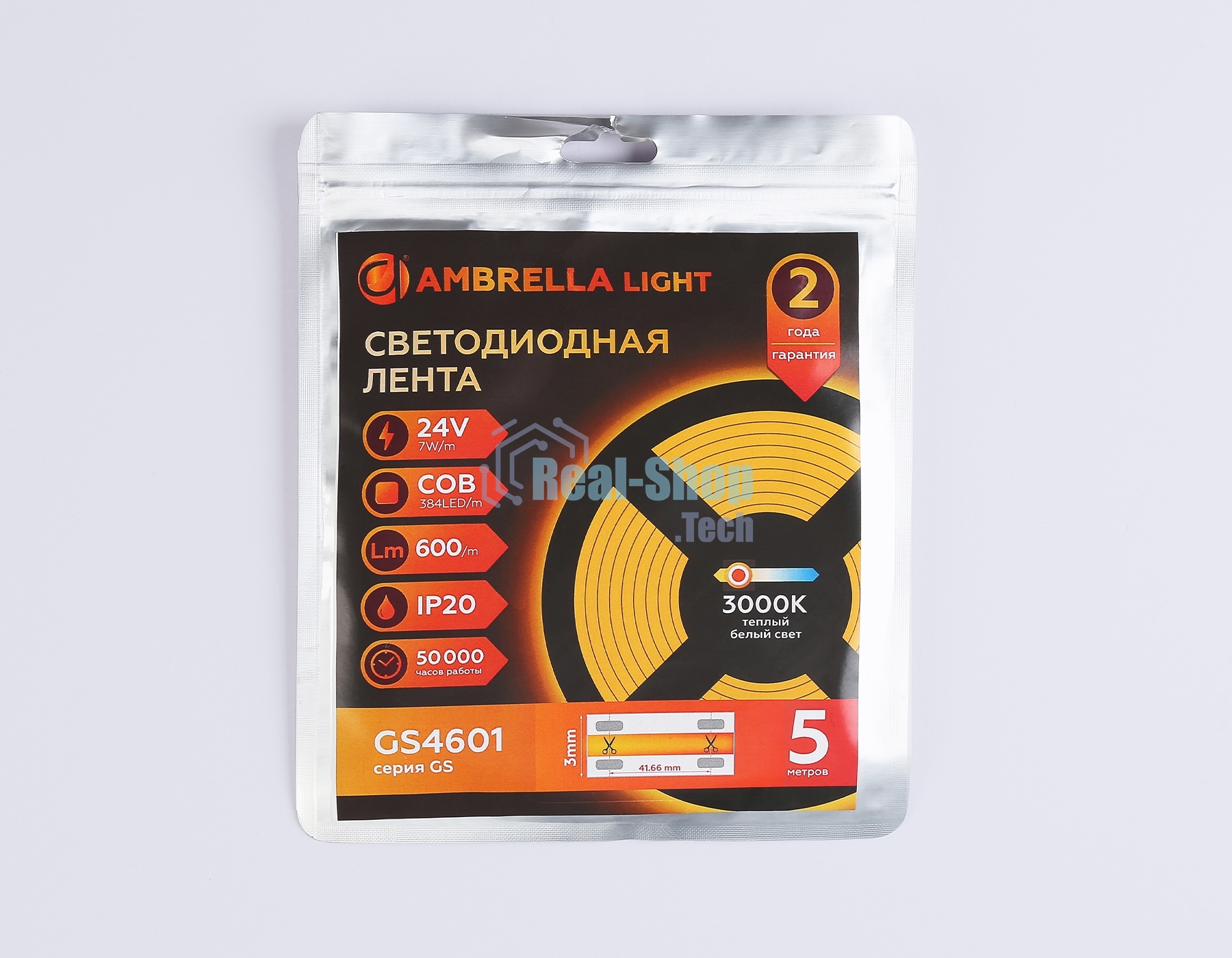 Светодиодная лента Ambrella light GS4601 COB 384Led/ 7W m/ 24V IP20 3000K/ 5m*3mm*2mm (2 конт.)