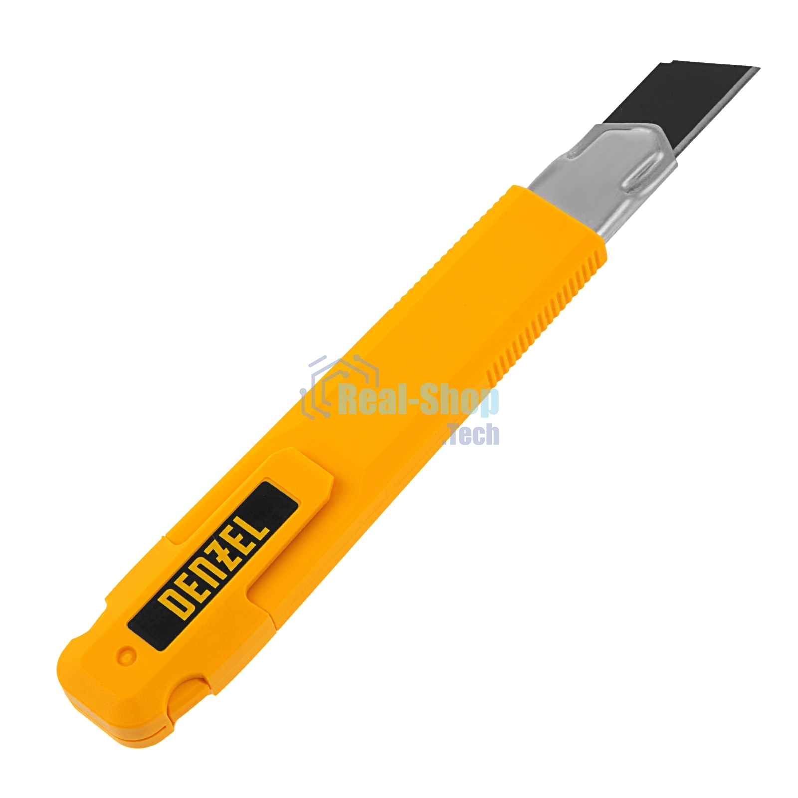 Нож Denzel 18 мм, сменное лезвие, SK4, метал. направляющая, клипса, нажимной фиксатор