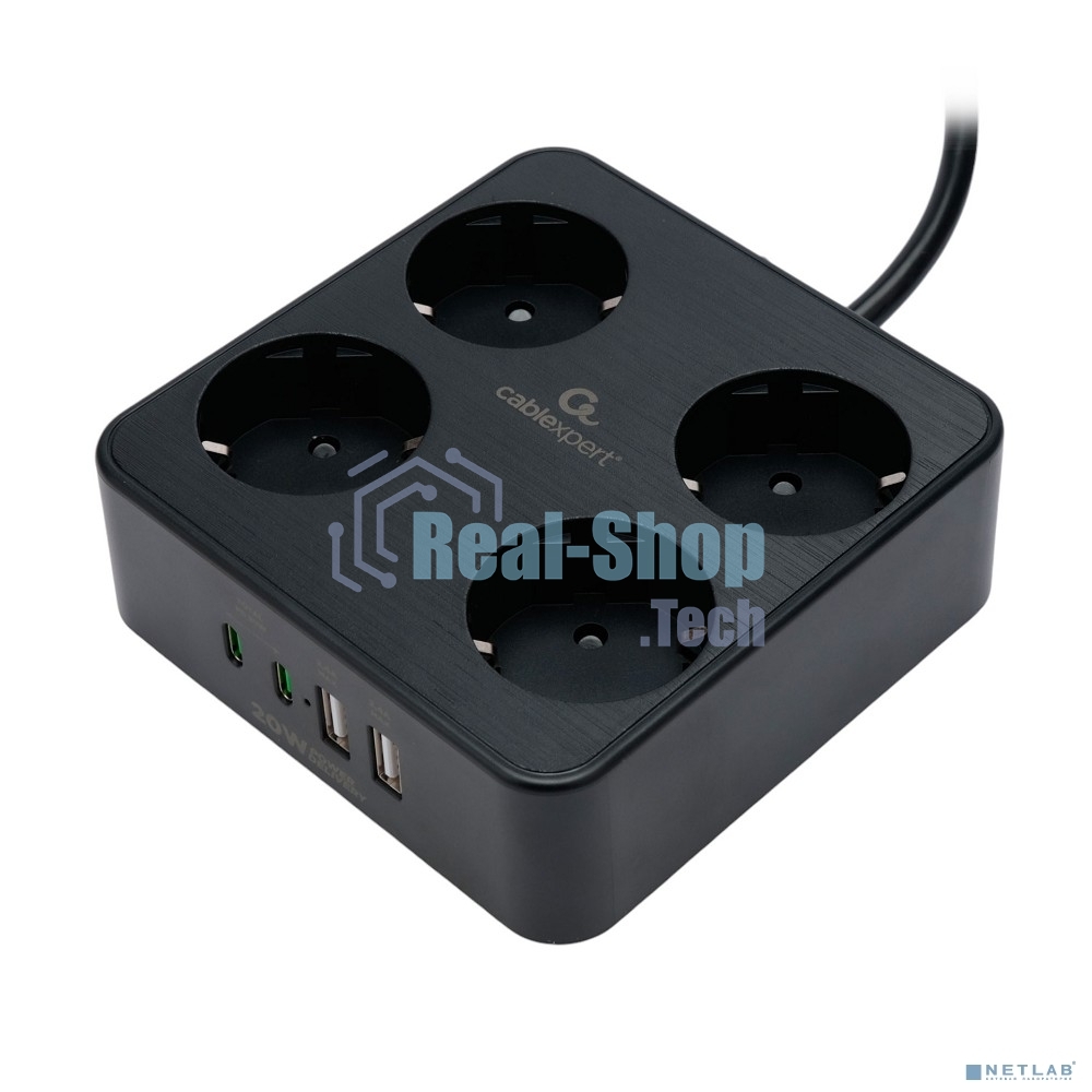 Сетевой фильтр Cablexpert Plate, PLT-4-C2U2-B-3, 4р, 10А, 2xType-C PD, 20Вт, 2xUSB, 2.4A, 3 м, ур. защиты 4+, черный, коробка