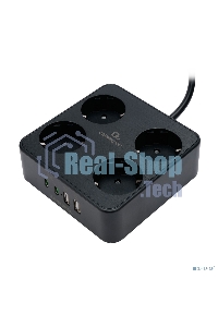 Сетевой фильтр Cablexpert Plate, PLT-4-C2U2-B-3, 4р, 10А, 2xType-C PD, 20Вт, 2xUSB, 2.4A, 3 м, ур. защиты 4+, черный, коробка