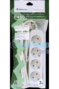 Удлинитель Defender E430 белый 3.0 м, 4 розетки 