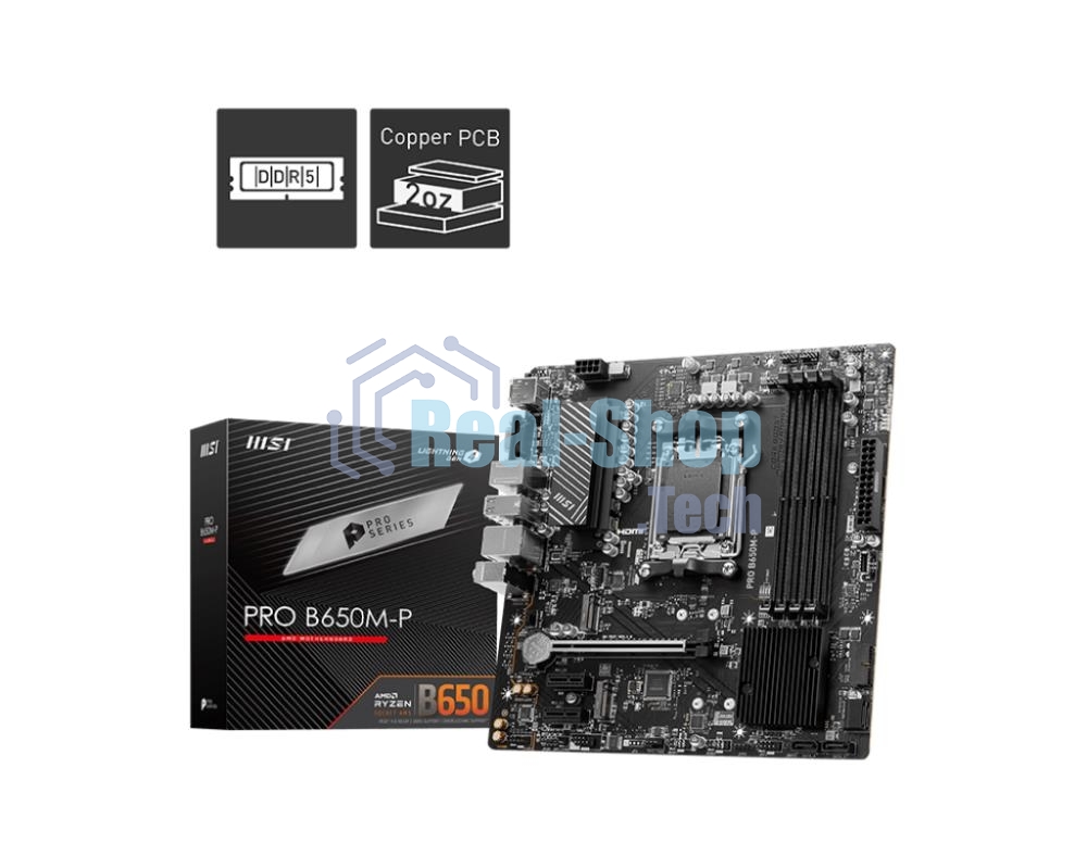 Материнская плата MSI PRO B650M-P, AM5, AMD B650, 4xDDR5, 4xSATA, 2xM.2, 1xPCI-E 4.0 x16, 2xPCI-E 4.0 x1, 1xHDMI, 1xDP, 1xVGA, 1x2.5Gb LAN, 2xUSB 3.2 Gen 1, 2xUSB 3.2 Gen 2, 3x3.5 мм, 7.1, Micro-ATX