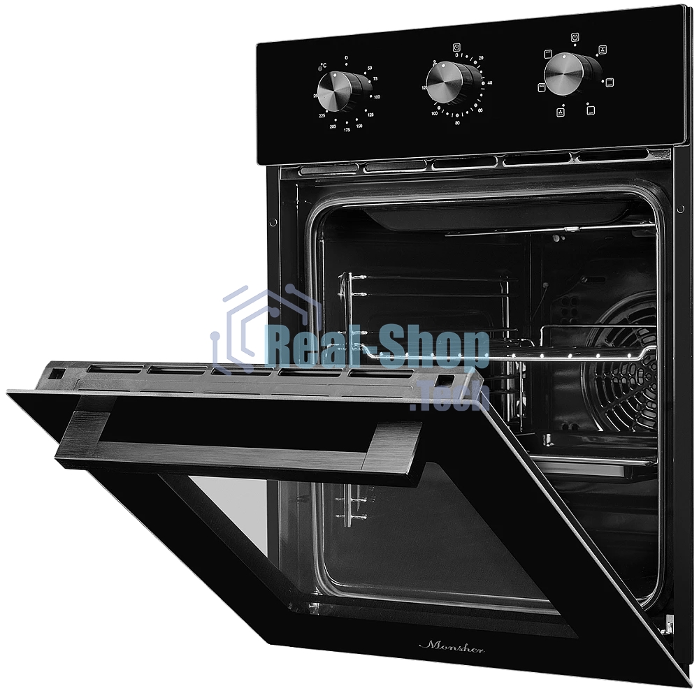 Встраиваемый духовой шкаф Monsher MOE 4563 Noir, электрический, High-Tech, объем 50 л, конвекция, гриль, 3 стекла в дверце, съемные стекла, съемная дверца, телескопические направляющие, черный
