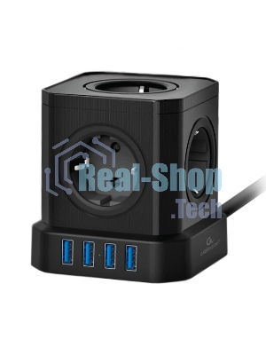 Сетевой фильтр Cablexpert Tower, TWR-5-U4-B-3, 5 р, 10А, 4хUSB, 3.1А, 3 м, ур.защиты 4+, черный, коробка