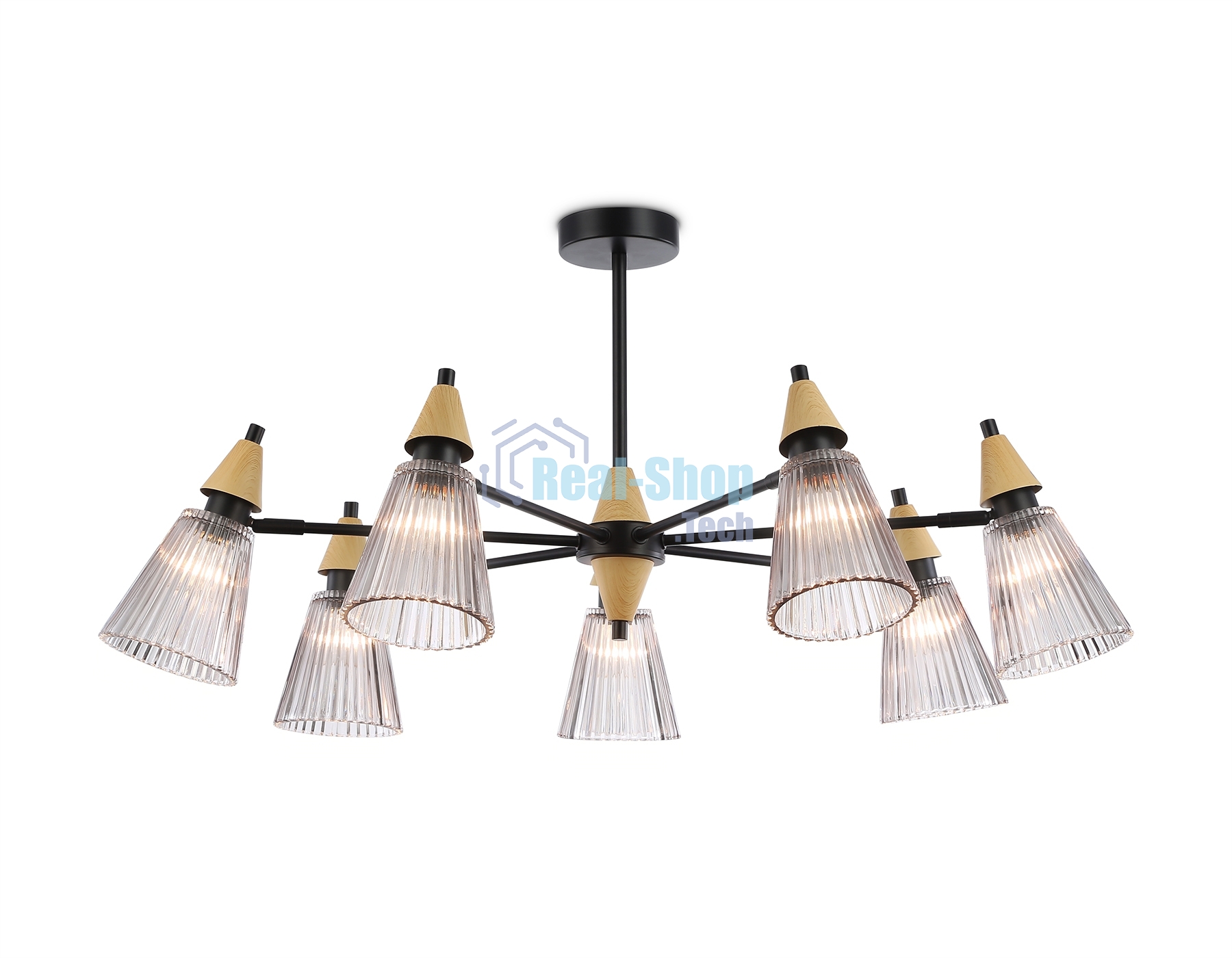 Люстра Ambrella light LH58116/7 BK/LW/SM черный/светлое дерево/дымчатый E14*7 max 40W D750*390