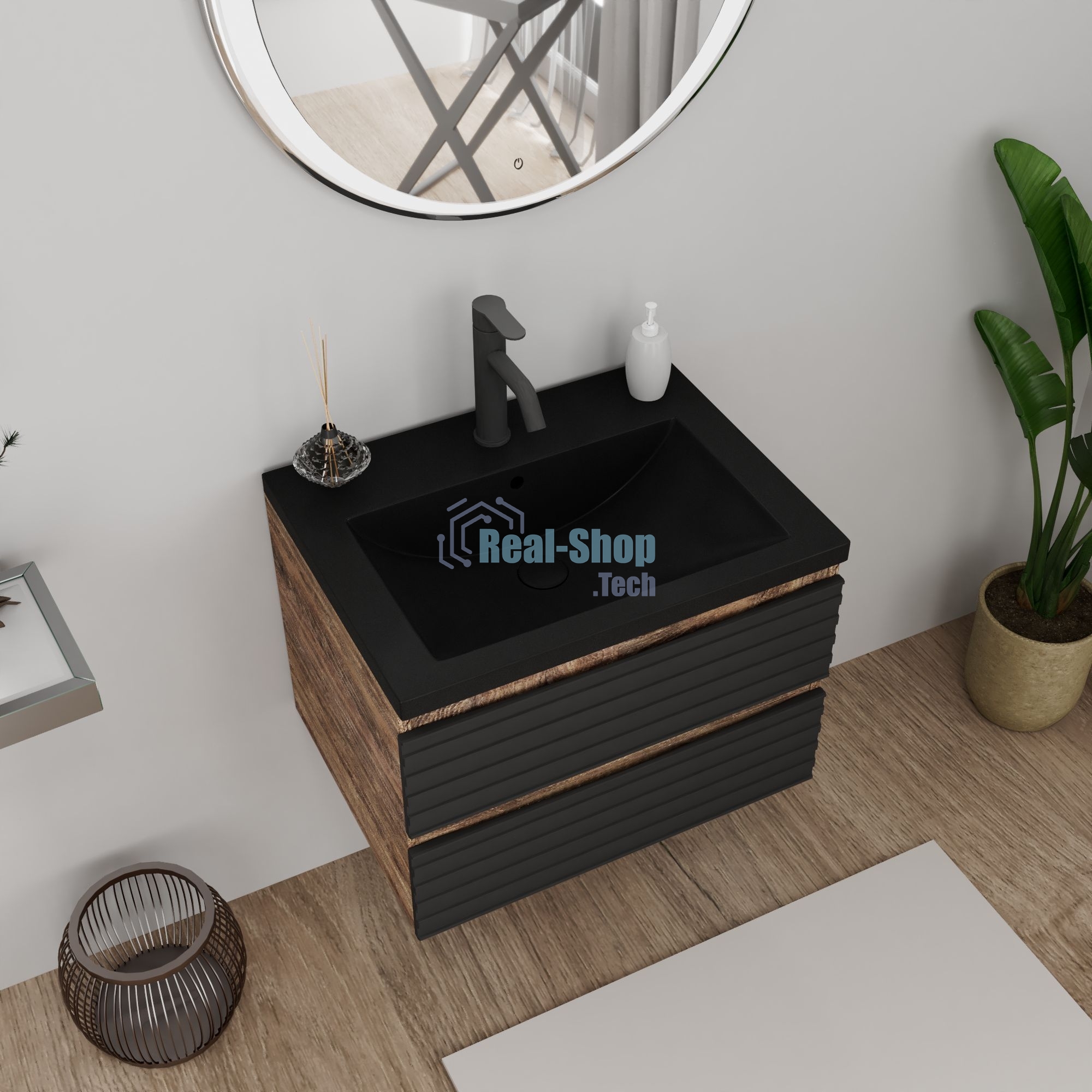 Тумба под раковину Bau Stil Loft black brushed, раковина кварцевая BAU Stil 58, черный металлик