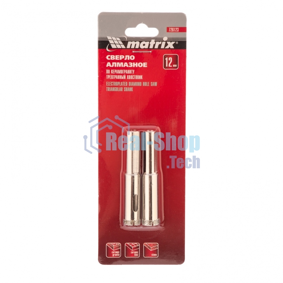 Сверло алмазное Matrix по керамограниту, 12 х 67 мм, 3-гранный хвостовик 2 шт.