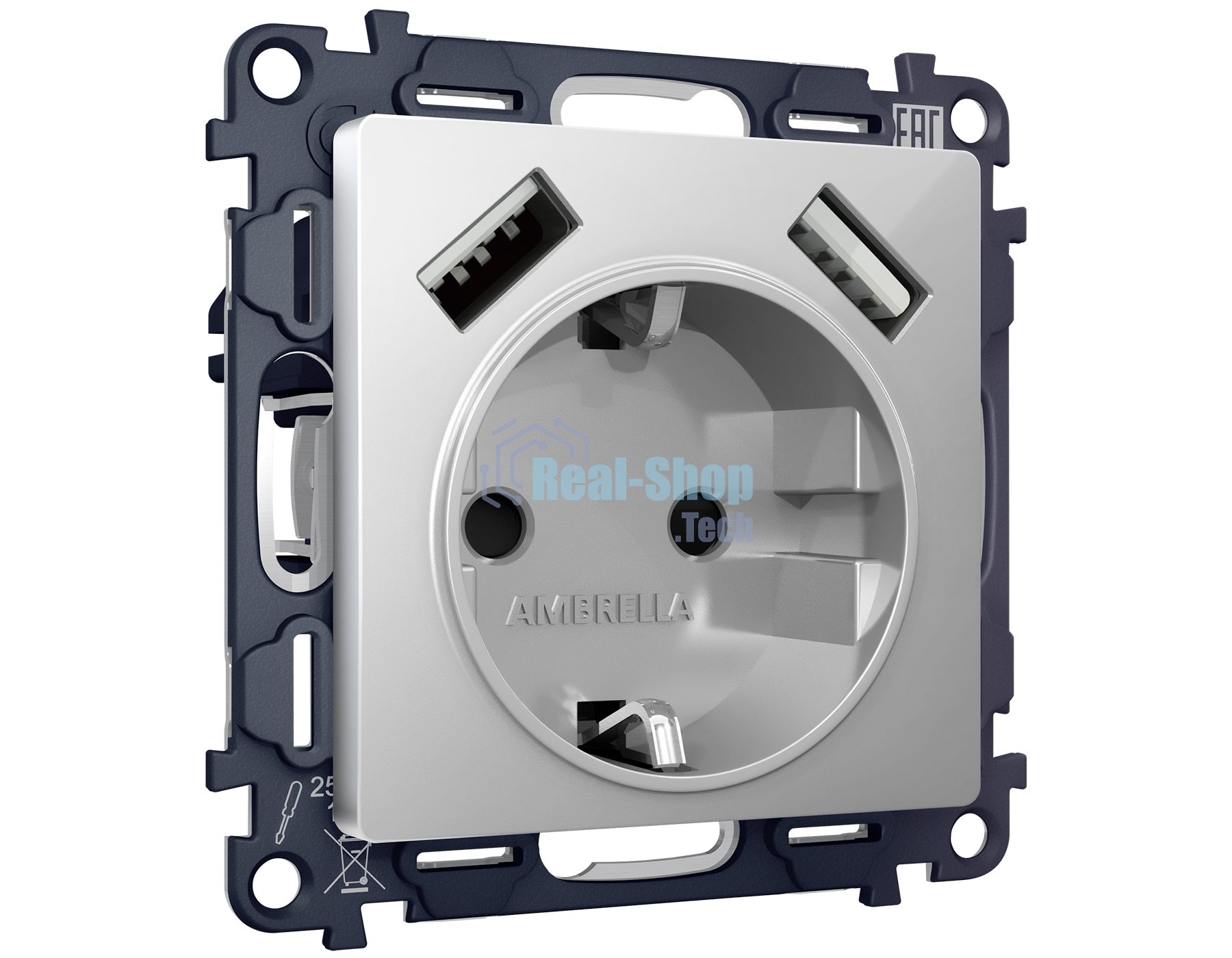 Комплект механизма электрической розетки ALFA Серебро глянец 2USB A+A 18W (быстрая зарядка) с/з QUANT (AP4090, VM155) MA409010