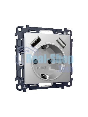 Комплект механизма электрической розетки ALFA Серебро глянец 2USB A+A 18W (быстрая зарядка) с/з QUANT (AP4090, VM155) MA409010