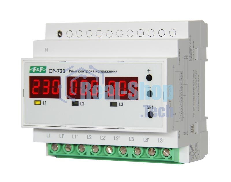 Реле контроля напряжения CP-723 (трехфазное; два режима работы - три однофазных реле или трехфазное реле напряжения; монтаж на DIN-рейке; 100…450 AC 3NO 3х63А) F&F EA04.009.015