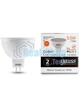 Лампа светодиодная Gauss Elementary MR16 5.5Вт цок.: GU5.3 спот 220B 3000K св. свеч. белый. теп. (упак.: 10 шт)