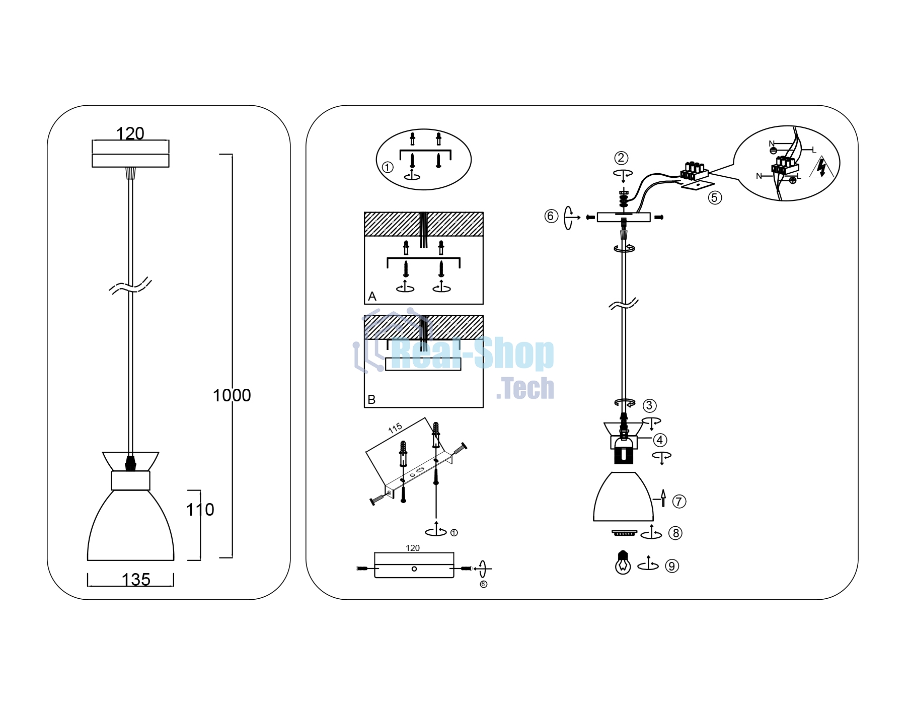 Светильник Ambrella light TR8468 BK/FGD черный/золото E27 max 60W D130*1000