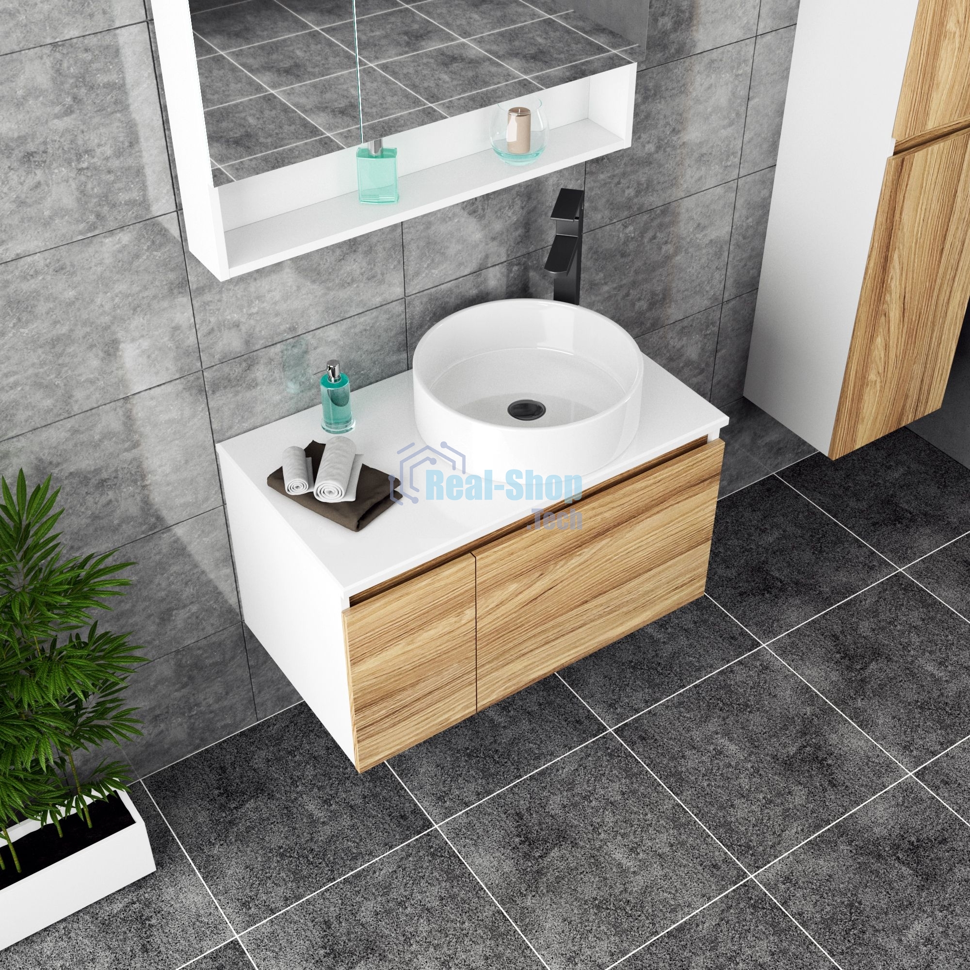 Комплект для ванной, 4 предмета (Тумба Bau Dream Blackwood 80, раковина BAU Dream круглая D41, смеситель для раковины высокий Hotel Black, черный, выпуск клик клак, черный)