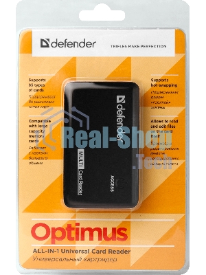 Кард-ридер Defender Optimus/черный/CF/MMC/MS/MS Duo/MS Micro M2/MS Pro/MS Pro Duo/RS-MMC/SD/SDHC/micro-SD/mini-SD/miсro-SDHC/USB 2.0 A(M)/черный