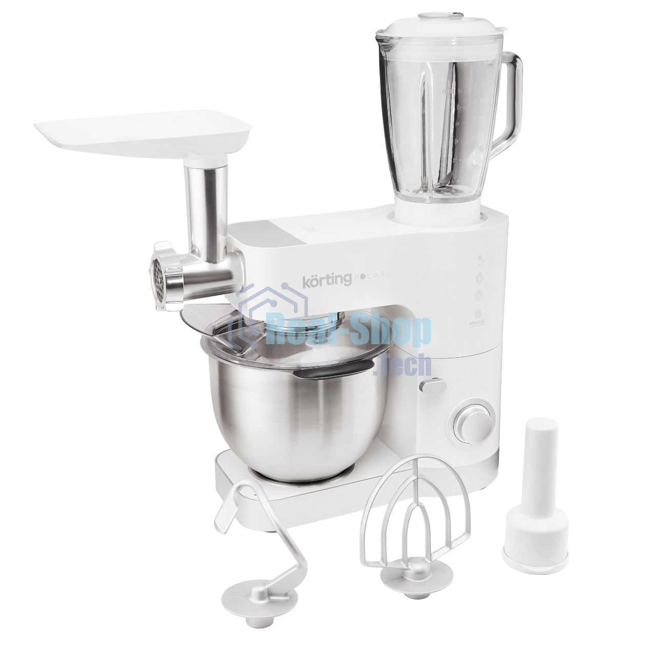 Кухонная машина Korting KKM 0105 Polar мощность 1200 Вт, 7 насадок (планетарный миксер с 3-мя насадками, мясорубка, насадка для колбас, насадка для кеббе, насадка-блендер), объем чаши 5.5 л, 8 скоростей, импульсный режим, механическое управление, белый