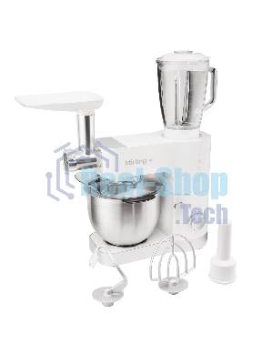 Кухонная машина Korting KKM 0105 Polar мощность 1200 Вт, 7 насадок (планетарный миксер с 3-мя насадками, мясорубка, насадка для колбас, насадка для кеббе, насадка-блендер), объем чаши 5.5 л, 8 скоростей, импульсный режим, механическое управление, белый