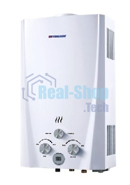 Водонагреватель Edisson F 20 D Газовый проточный(Стеклянный фасад, мощность 20кВт, луженый теплообменник 2,5кг, произв. 10л/мин, регулировка протока воды 0,025-0,8мПа и подачи газа 1274мПа, переключатель режимов 