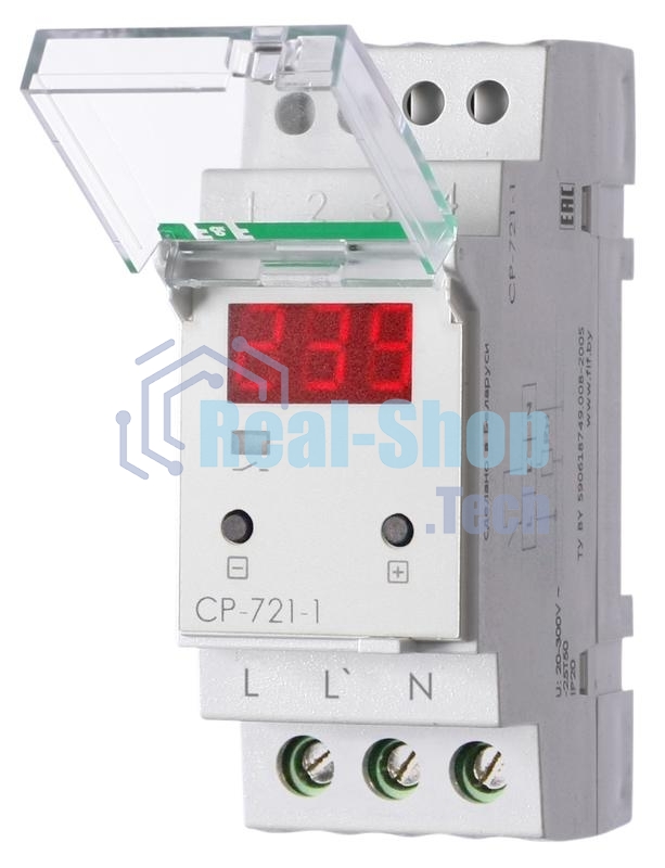 Реле напряжения CP-721-1 (однофазное; цифровая индикация; напряжение питания 50-450В контакт 1NO 63А встроен. таймер регистрация аварий в памяти индикация текущего напряжения) (аналог УЗМ) F&F EA04.009.013
