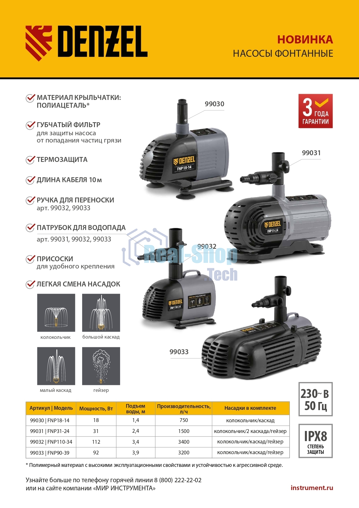 Насос фонтанный Denzel FNP90-39, 92 Вт, подъем 3,9 м, 3200 л/ч, колокольчик/каскад/гейзер