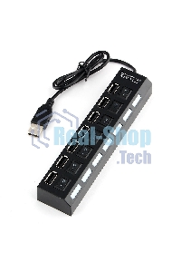 Разветвитель USB2.0 Gembird UHB-U2P7-01, 7хUSB, с доп. питанием, подсветка и выключатели, кабель USB 55 см, черный, коробка