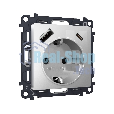 Комплект механизма электрической розетки ALFA Серебро глянец 2USB A+C 20W (быстрая зарядка) с/з QUANT (AP4100, VM160) MA410010