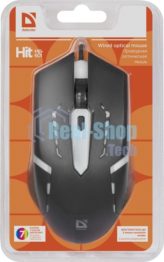 Мышь проводная Defender Hit MB-601 черный, 1200 dpi, USB, кнопки - 4