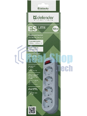 Сетевой фильтр Defender ES Lite, 1.8 м, 4 розетки, серый