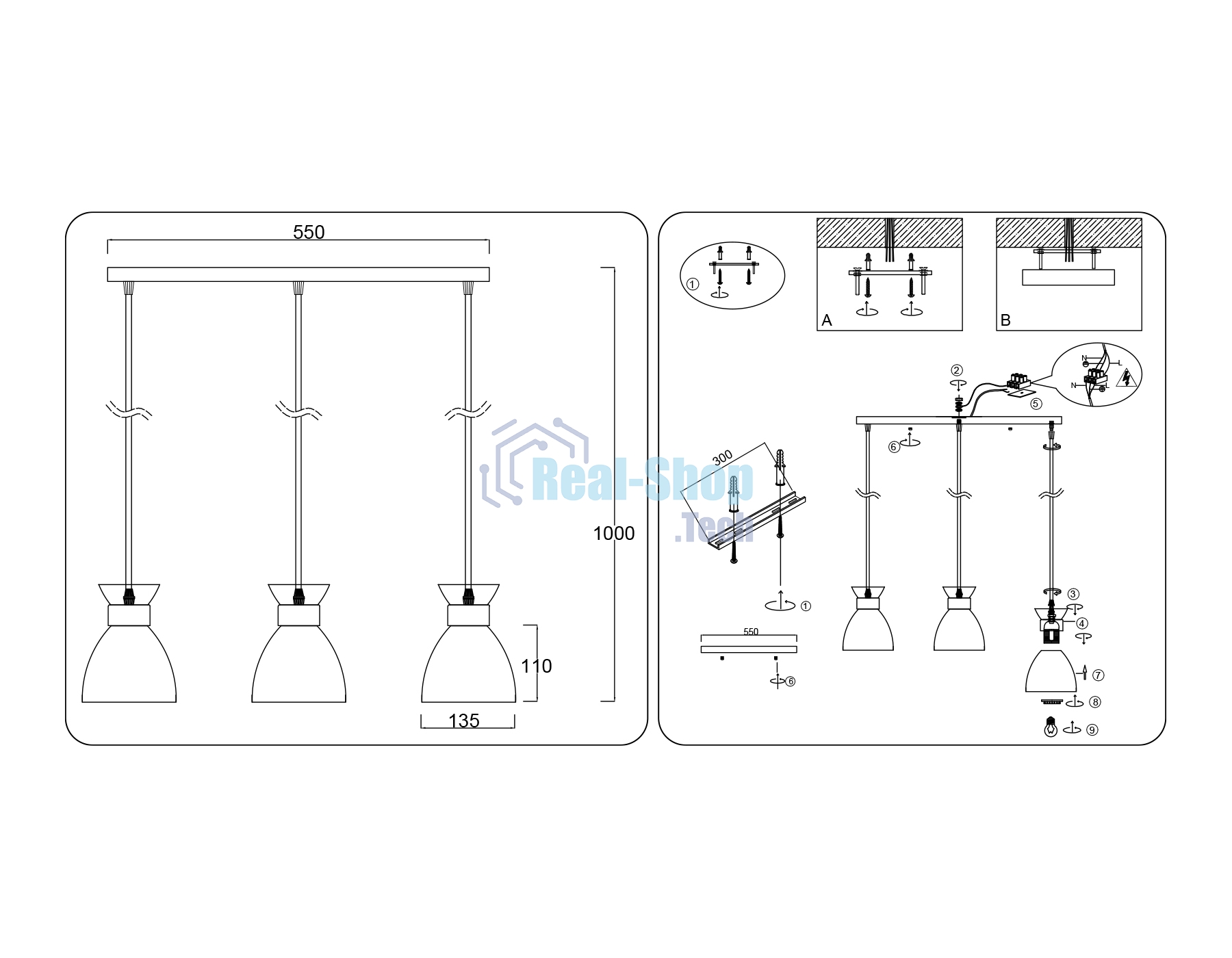 Светильник Ambrella light TR8469/3 BK/FGD черный/золото E27/3 max 60W 550*135*1000