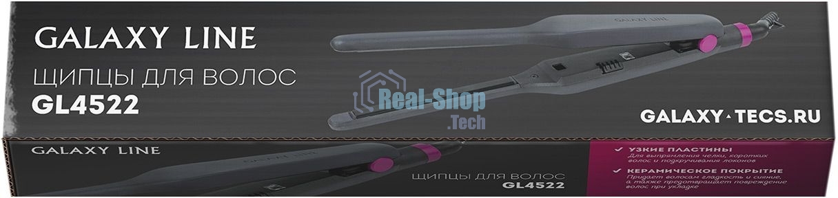 Щипцы для волос Galaxy Line GL 4522, черный, 30 Вт, керамическое покрытие рабочей поверхности, размер пластин 100х9 мм, нагревательный элемент с защитой от перегрева, температура 180°С, индикатор работы, петля для подвешивания, длина шнура 1,7