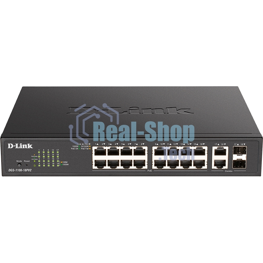 Коммутатор D-Link DGS-1100-18PV2/A3A, 16×1 Гбит/с + 2×1 Гбит/с Combo, настраиваемый