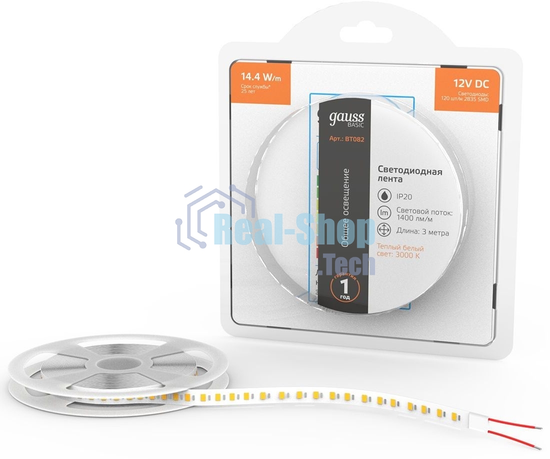 Лента светодиодная Basic Gauss 12V 14,4W/m 1400lm/m 3000K IP20 LED 3m 1/100