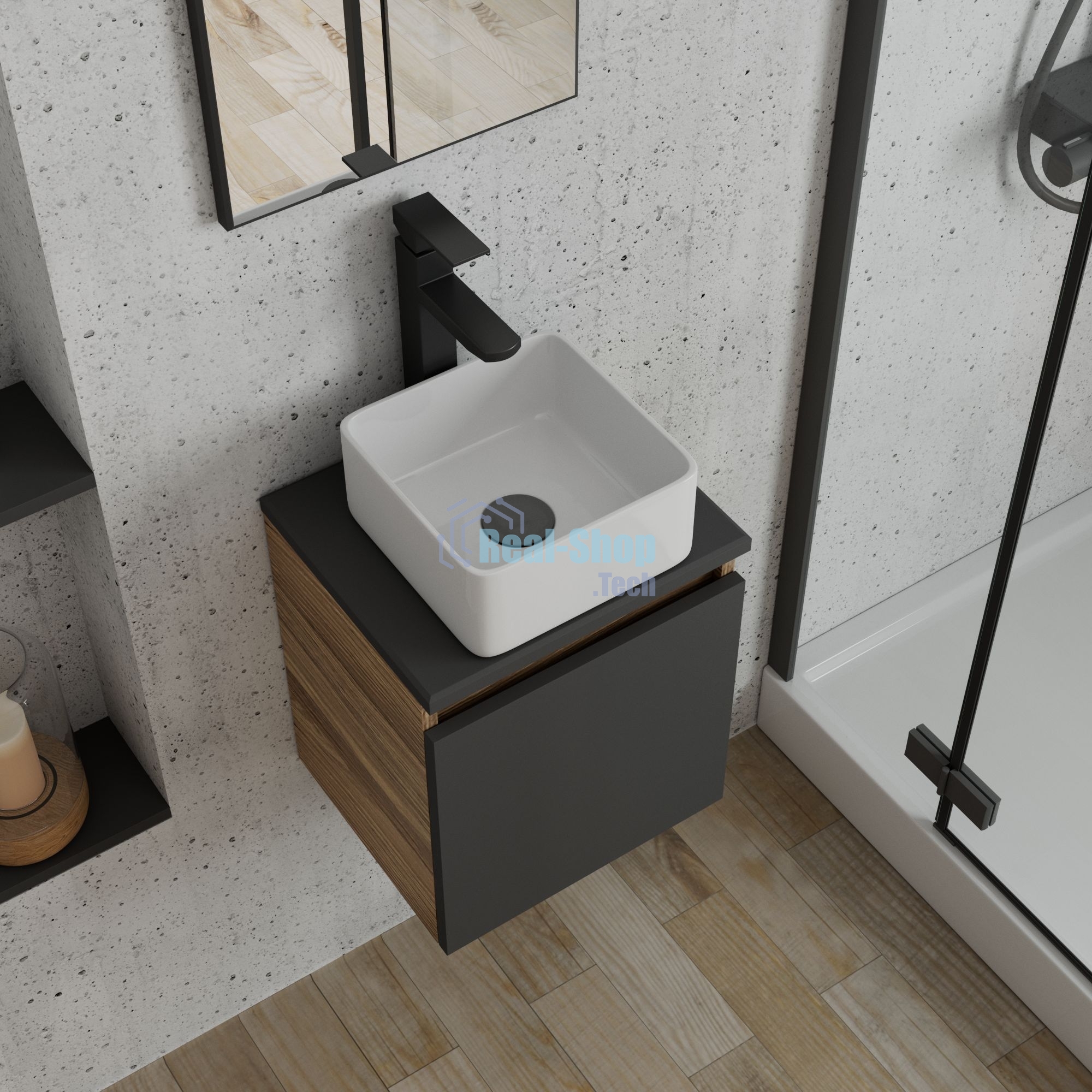 Тумба Bau Dream Blackwood 35 с ящиком, графит, раковина BAU Mini 24х24, смеситель для раковины высокий Hotel Black, черный, выпуск клик клак, черный