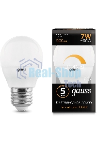 Лампа светодиодная Gauss 7Вт цок.: E27 шар 220B 3000K св. свеч. белый теп. (упак.: 10 шт)