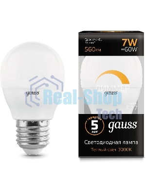 Лампа светодиодная Gauss 7Вт цок.: E27 шар 220B 3000K св. свеч. белый теп. (упак.: 10 шт)