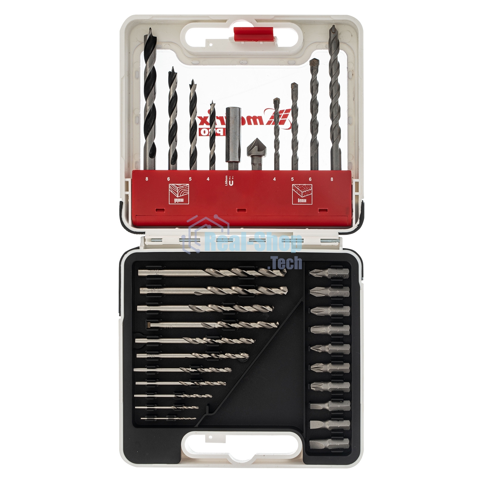 Набор сверл Matrix комб., мет.1-6мм,бетон 4-8мм,дер.4-8 мм,биты 10шт,адап., зенковка, 31пр., PRO