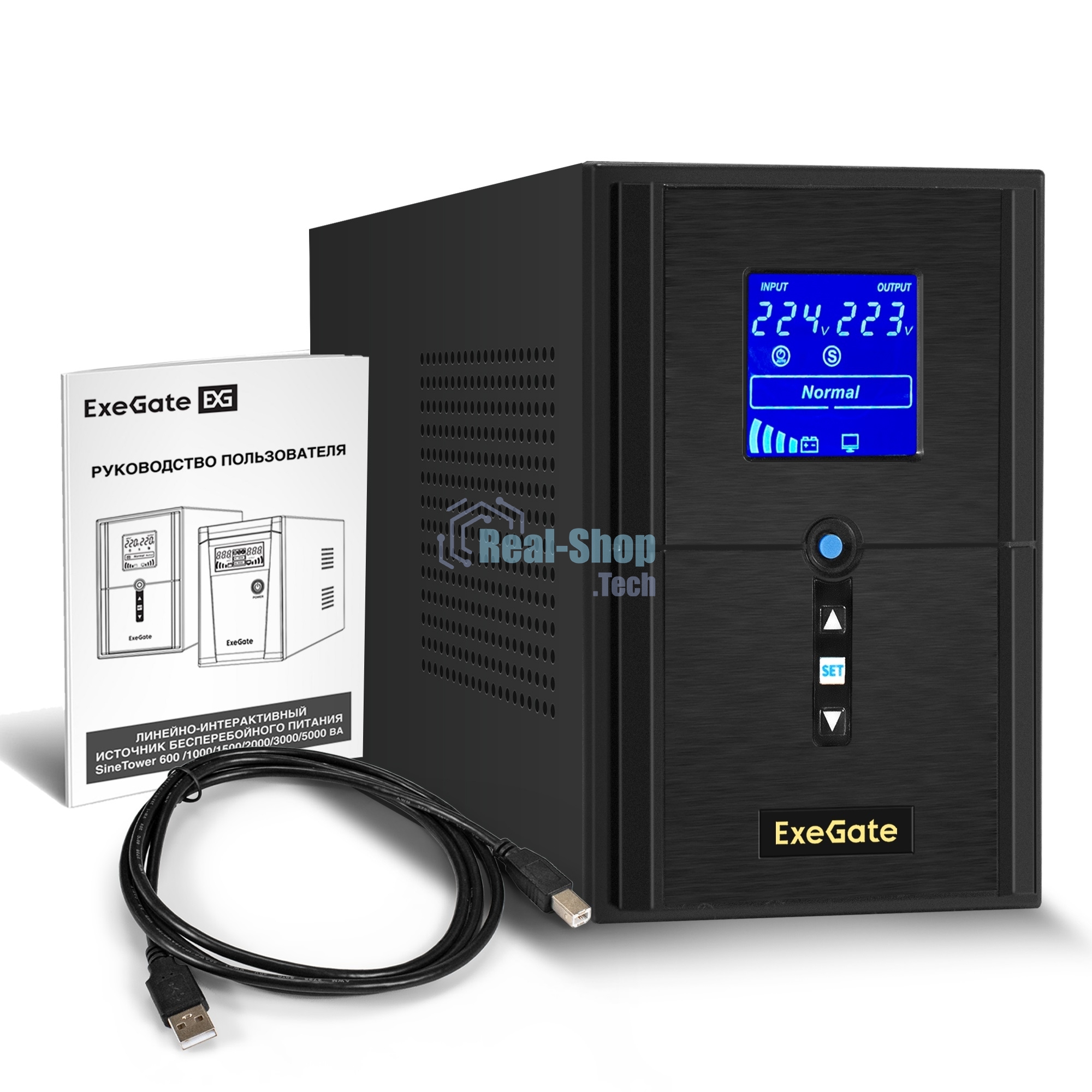 Источник бесперебойного питания ExeGate SineTower SN-1500.LCD.AVR.2SH.1C13.USB 1500VA/1200W, чистая синусоида, LCD дисплей, AVR, 2*Schuko+1*C13, USB, линейно-интерактивный, черный