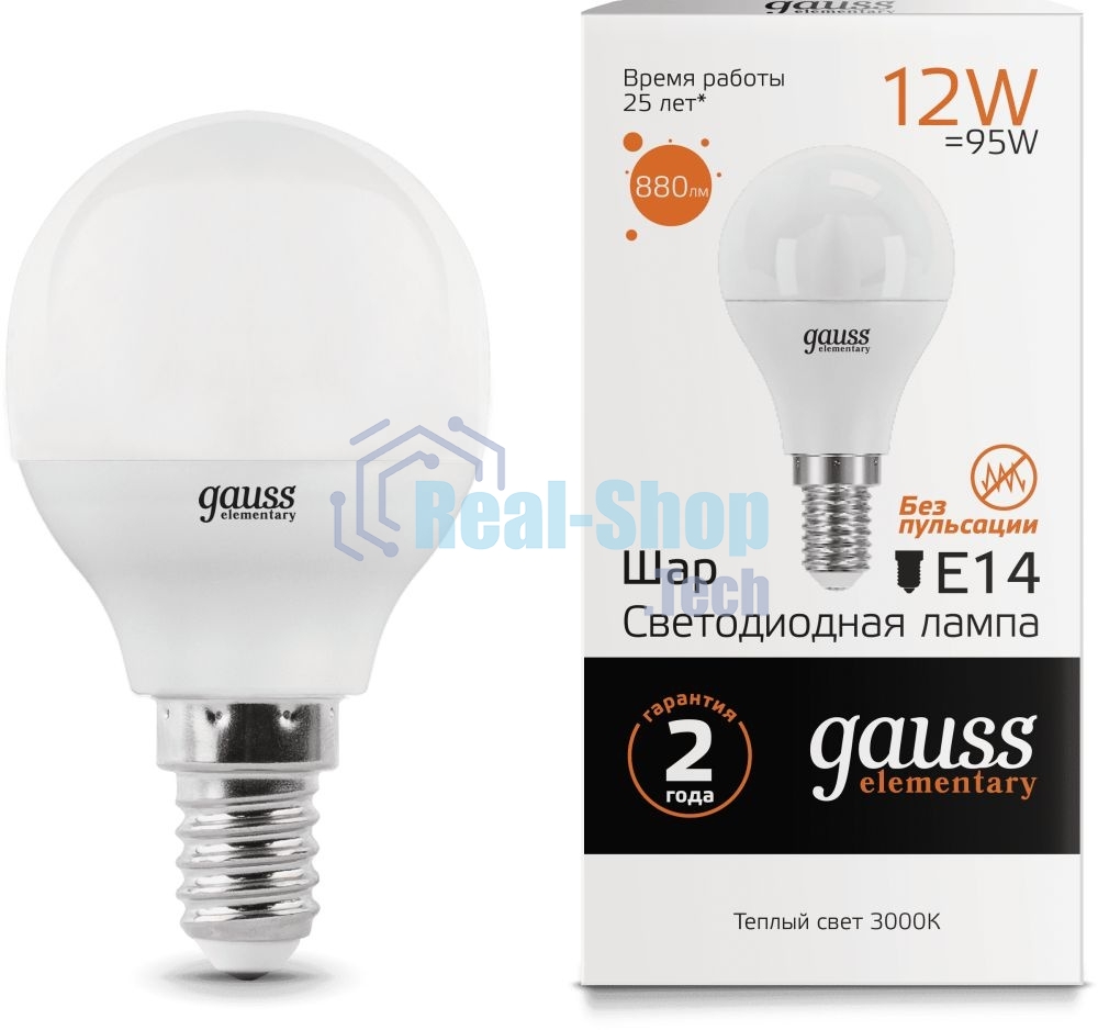 Лампа светодиодная Gauss Elementary Шар 12Вт 880лм E14 3000К