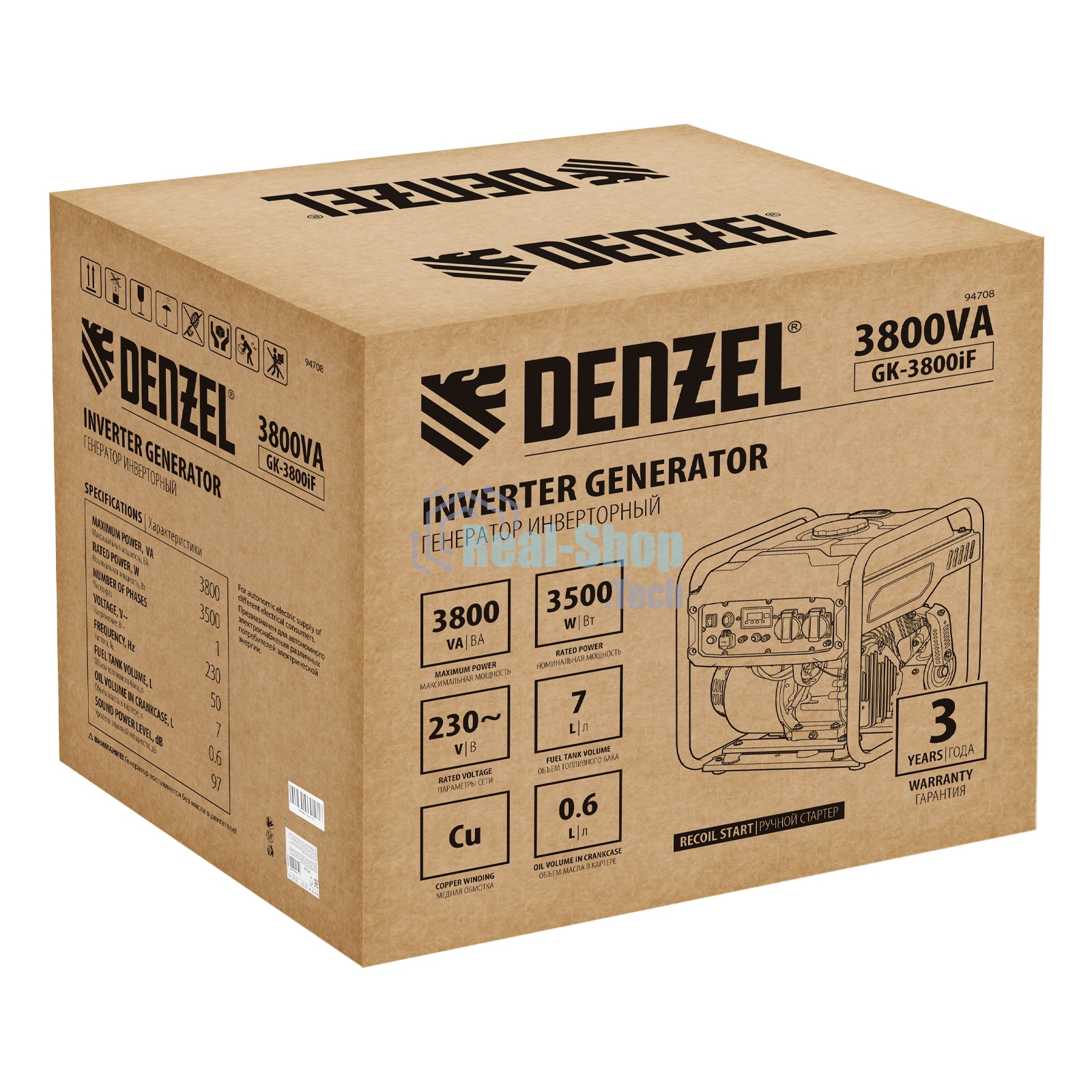 Генератор инверторный Denzel GK-3800iF, 3,8 кВт, 230 В, ручной старт