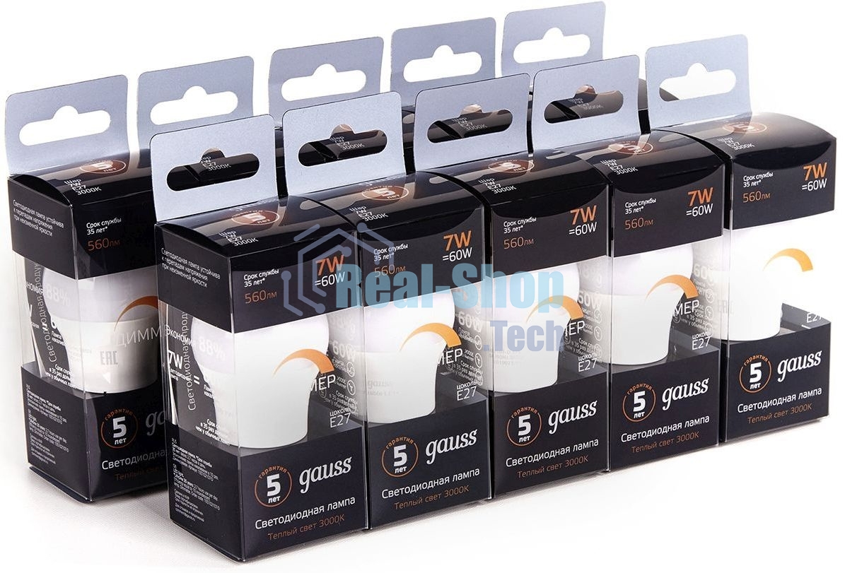 Лампа светодиодная Gauss 7Вт цок.: E27 шар 220B 3000K св. свеч. белый теп. (упак.: 10 шт)